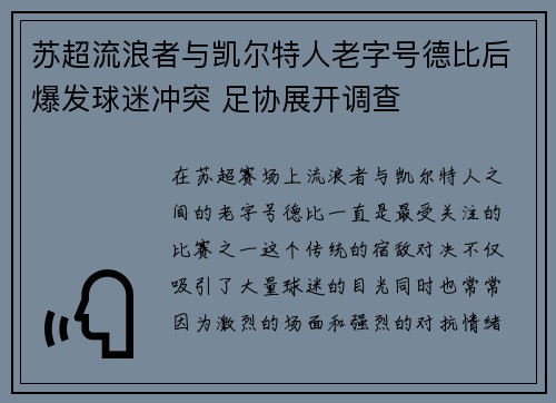 苏超流浪者与凯尔特人老字号德比后爆发球迷冲突 足协展开调查 苏超流浪者与凯尔特人老字号德比后爆发球迷冲突 足协展开调查