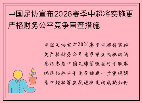 中国足协宣布2026赛季中超将实施更严格财务公平竞争审查措施 中国足协宣布2026赛季中超将实施更严格财务公平竞争审查措施
